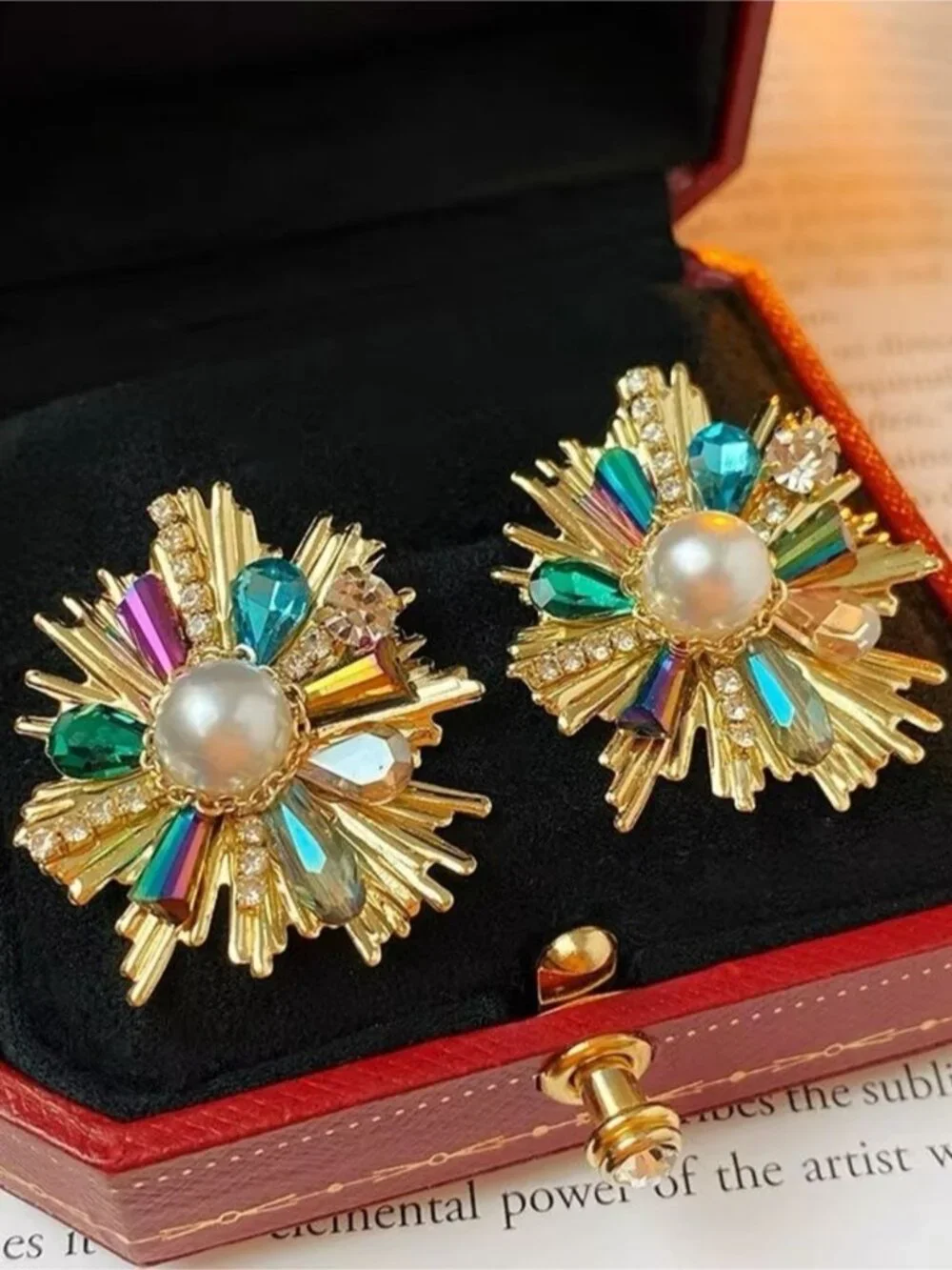 Gold Earrings with Pearl & Green-Blue Crystal Accents